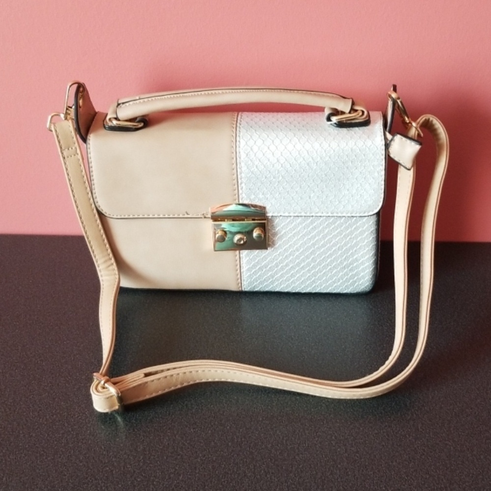 Silver Beige Colorblock Crossbody‎ Purse Bag Vegan New